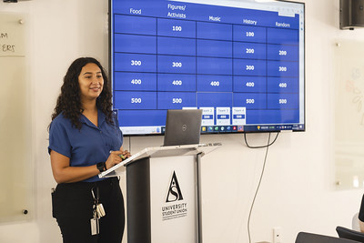 Alondra with jeopardy on a TV.