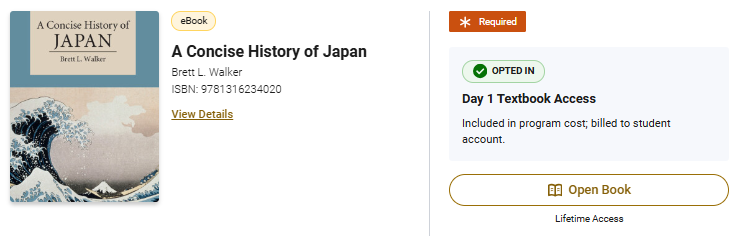 Webpage showing Open Book as an option for a digital textbook.