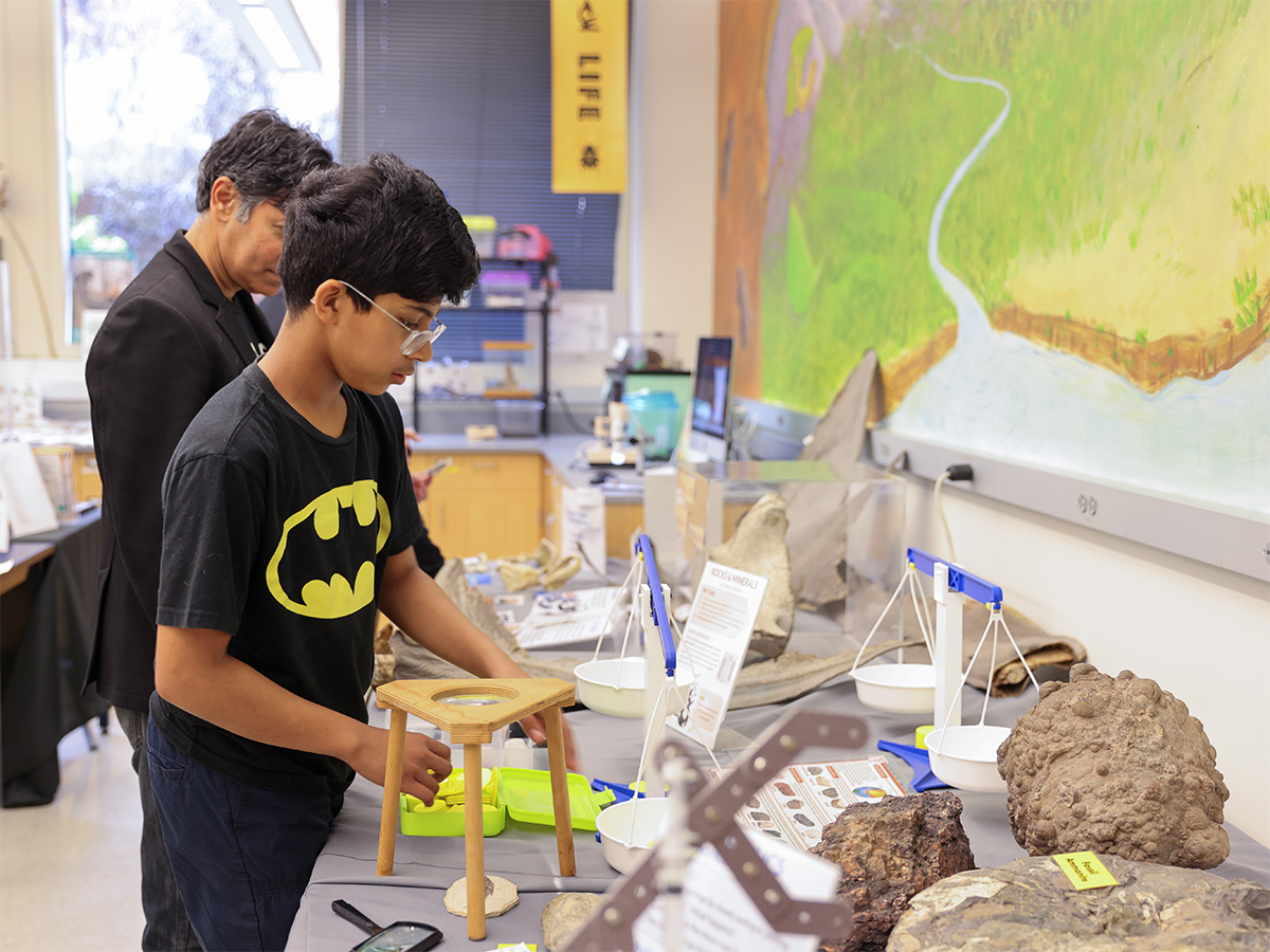 young learner examining fossilized fish