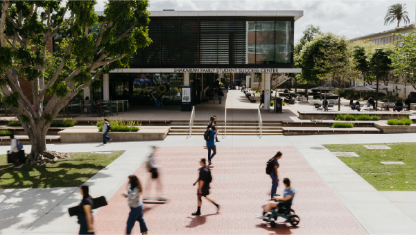 Students walk across the outdoor plaza of CSULB’s Shakarian Family Student Success Center.