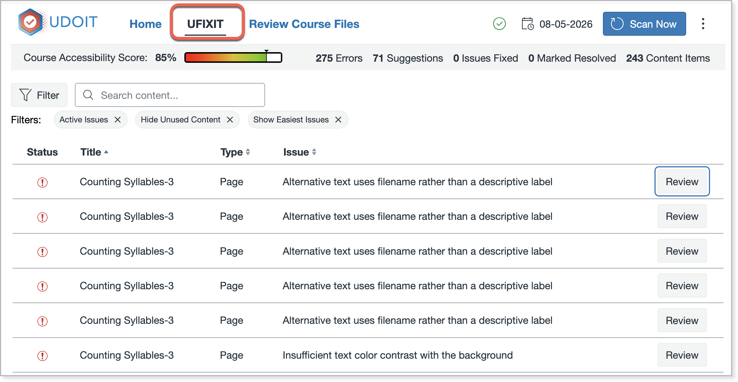view of the UFIXIT dashboard 