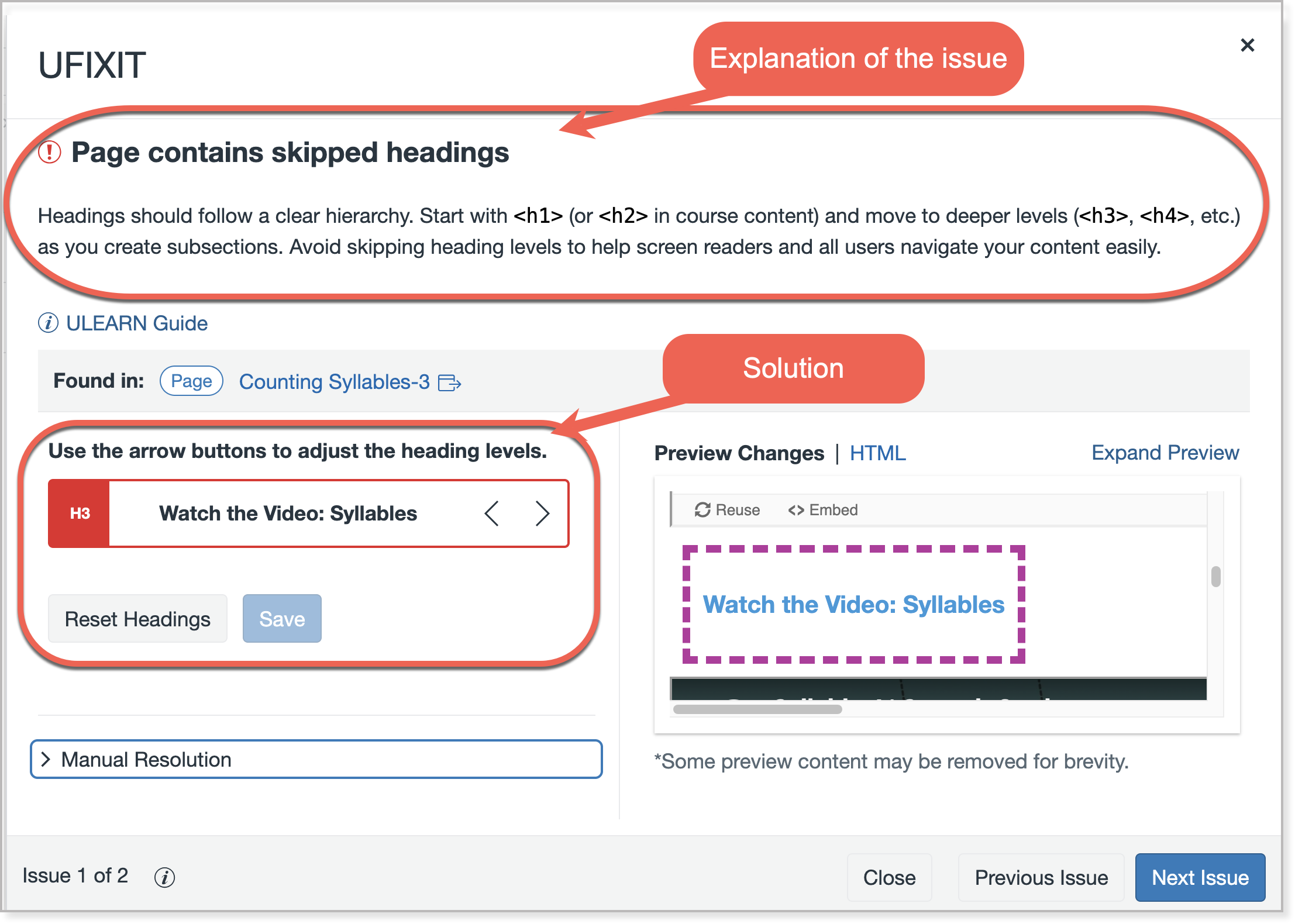 view of udoit's ufixit screen containing tips and guides for remediation