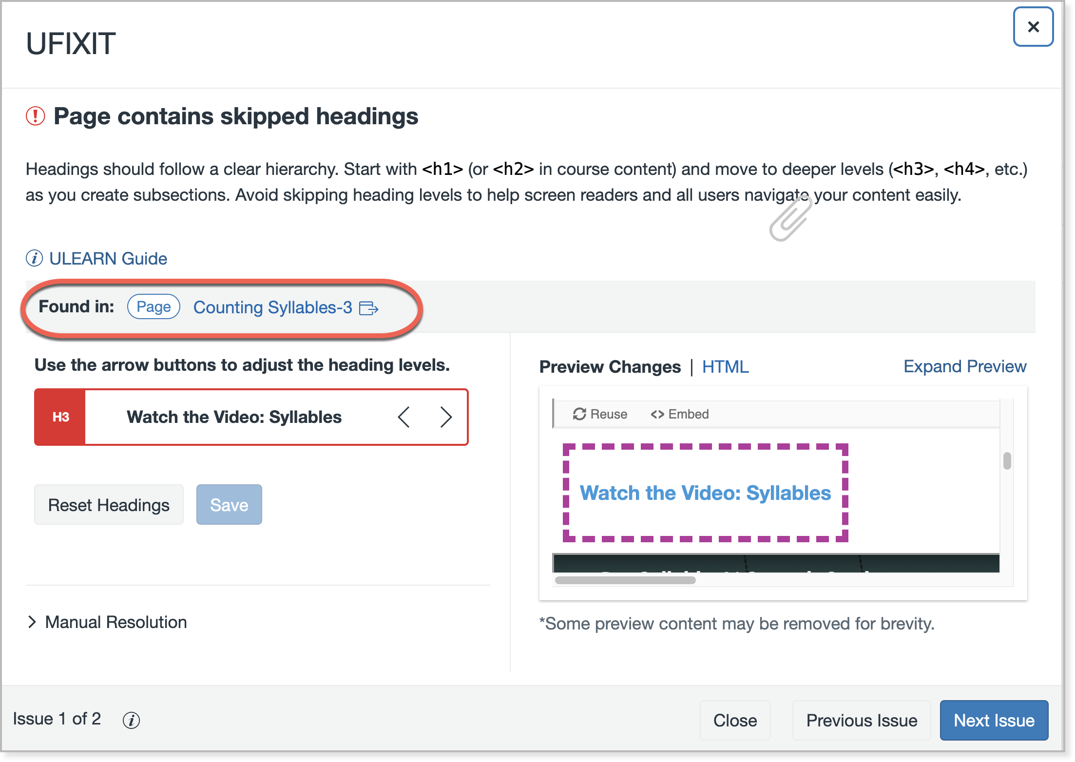 view of udoit's screen showing tips for remediating issues