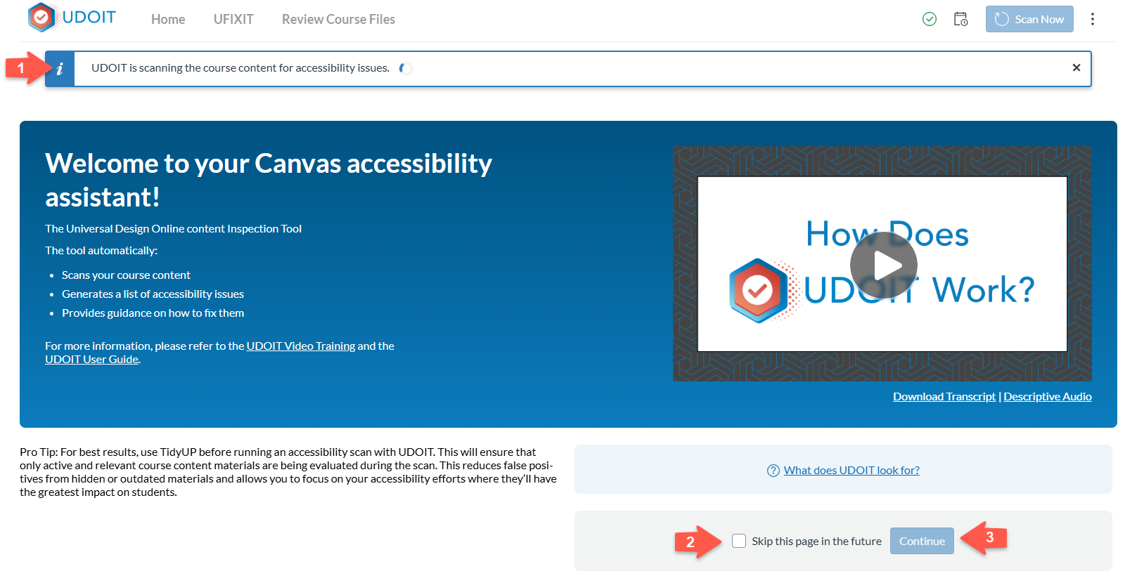 UDOIT Welcome to Canvas accessibility assistant screen