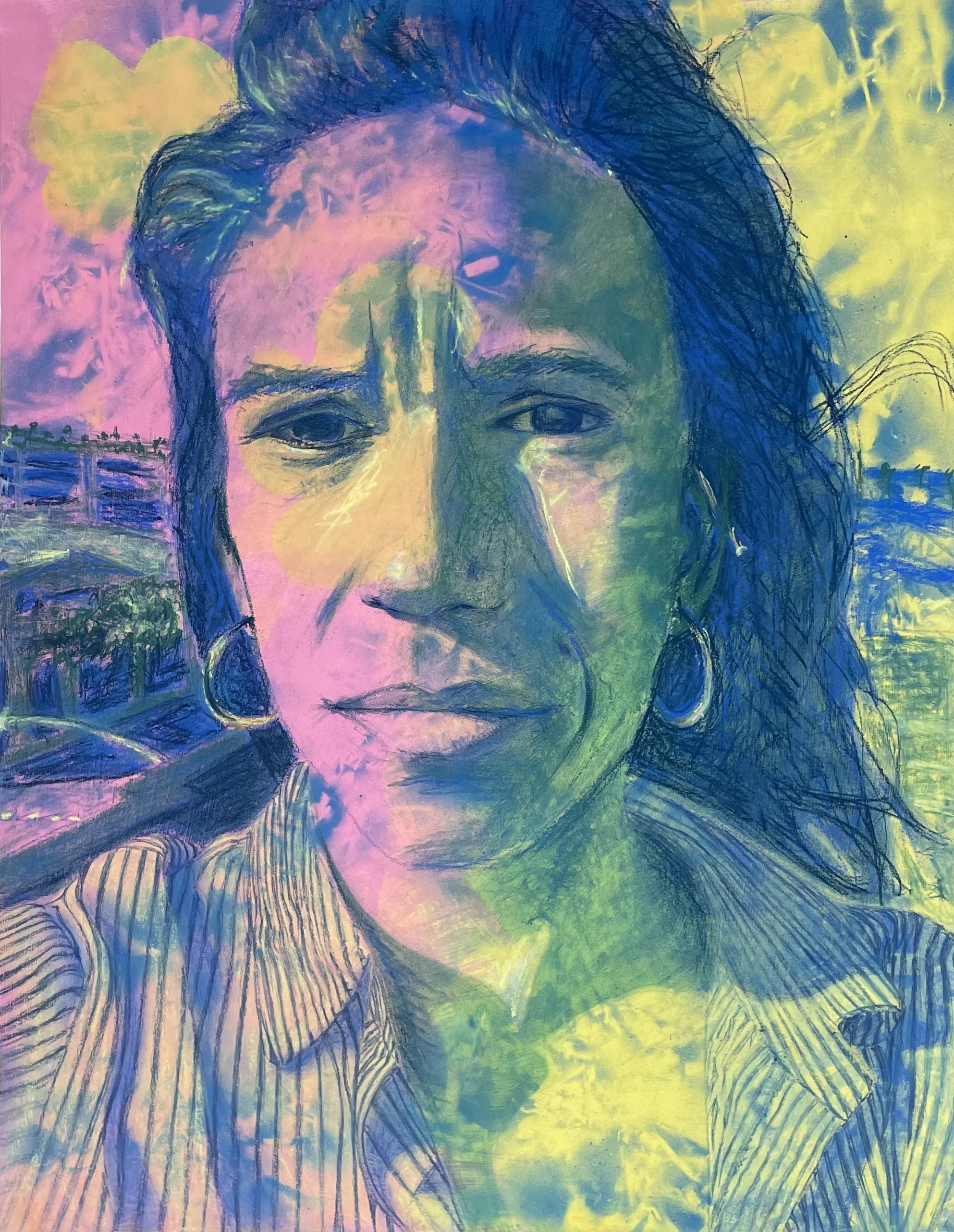 Colorful illustrated portrait of Taylor Gibbs in shades of pink, blue, green, and yellow.