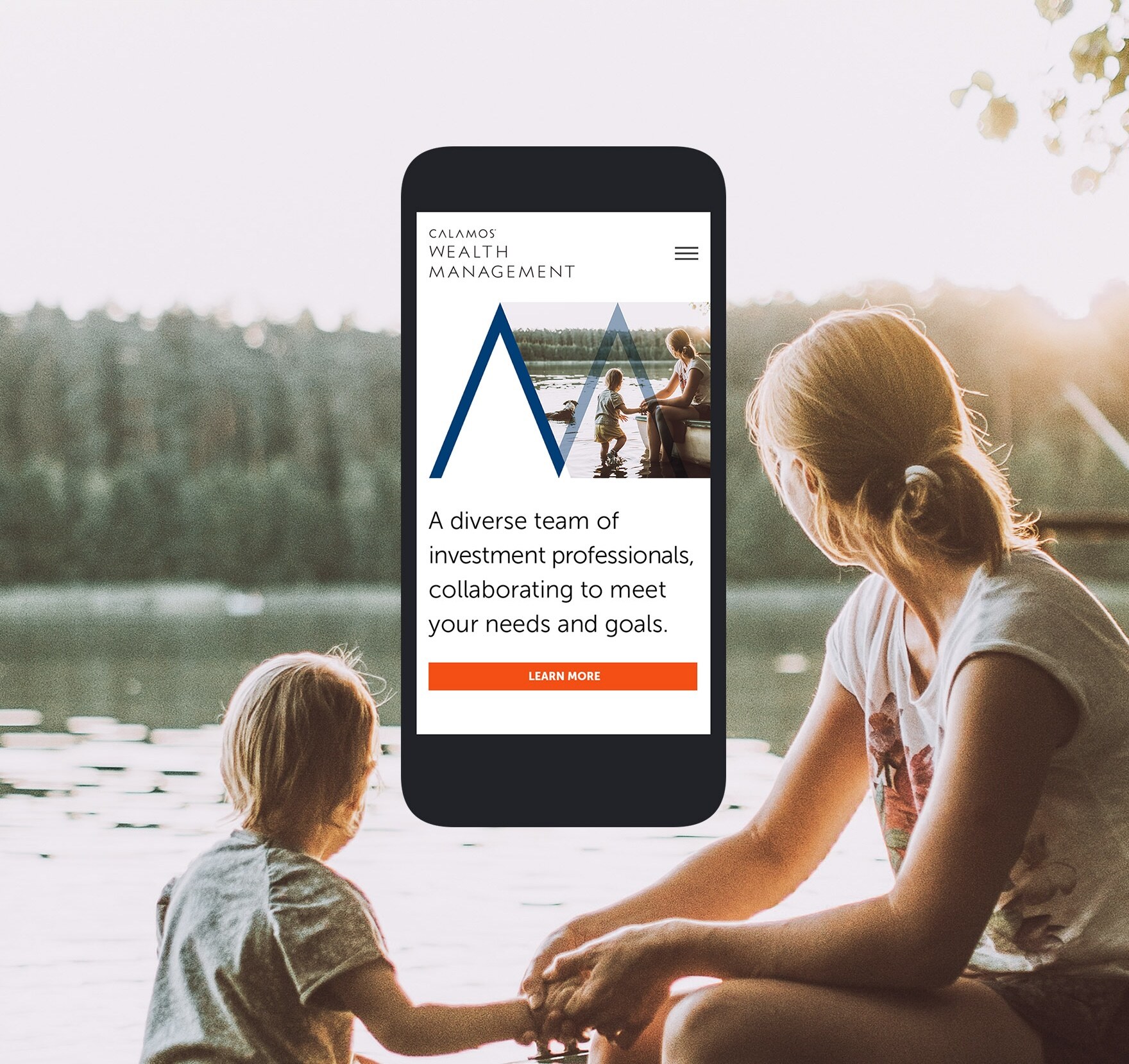 Calamos Wealth Management mobile website design displayed over a photograph of an adult and child beside a lake. Created by Taylor Gibbs