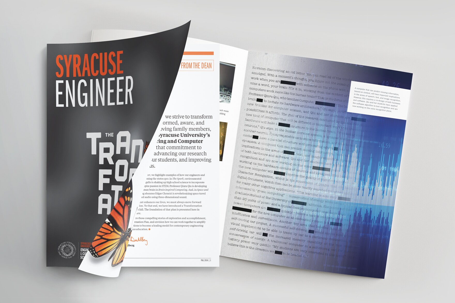 Syracuse Engineer magazine design featuring a typographic cover, butterfly imagery, and a technology-themed article spread. Created by Taylor Gibbs