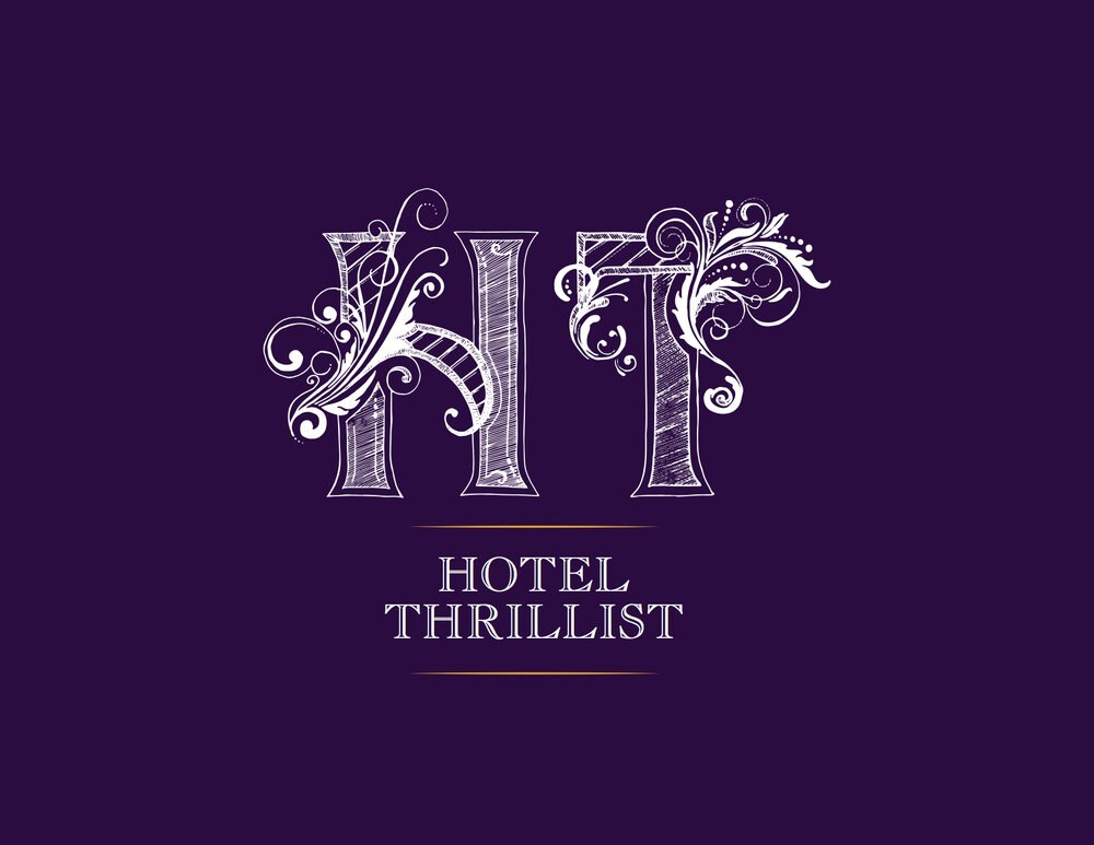 Hotel Thrillist logo with decorative white lettering on a dark purple background. Created by Taylor Gibbs