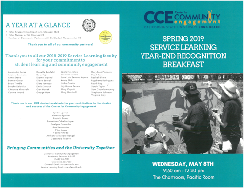 Event brochure of the Service Learning 2019 end of year reconition event. photo of a group of volunteers painting a wood panel. List of faculty and student assistants