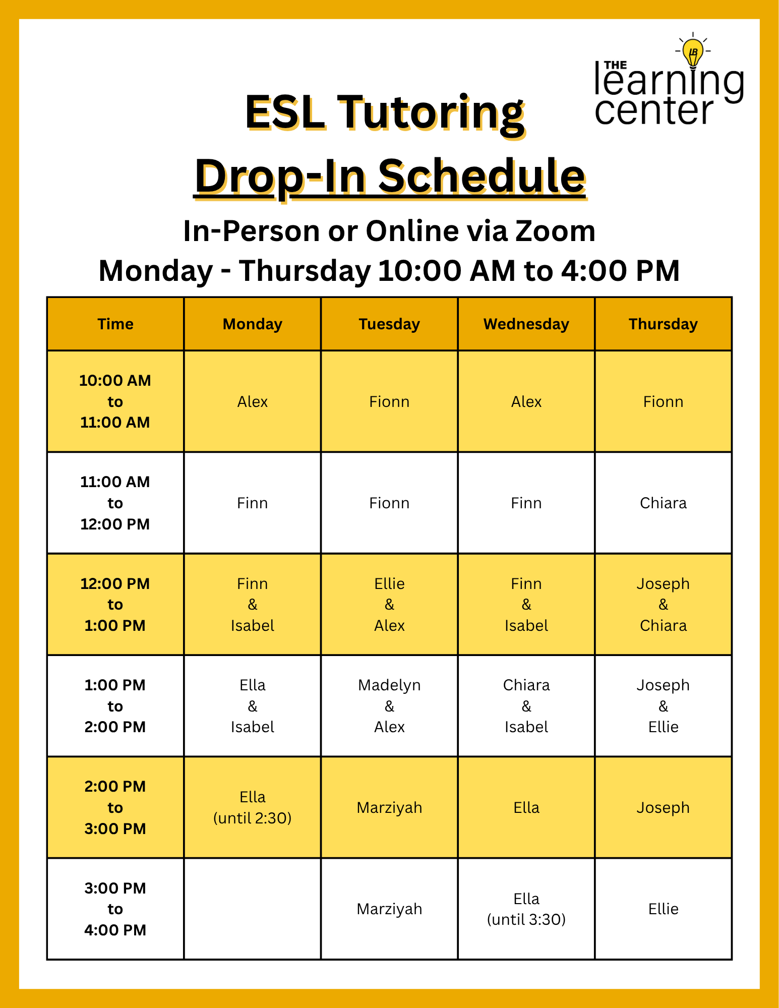 26 Fall ESL Tutoring Drop-In Schedule