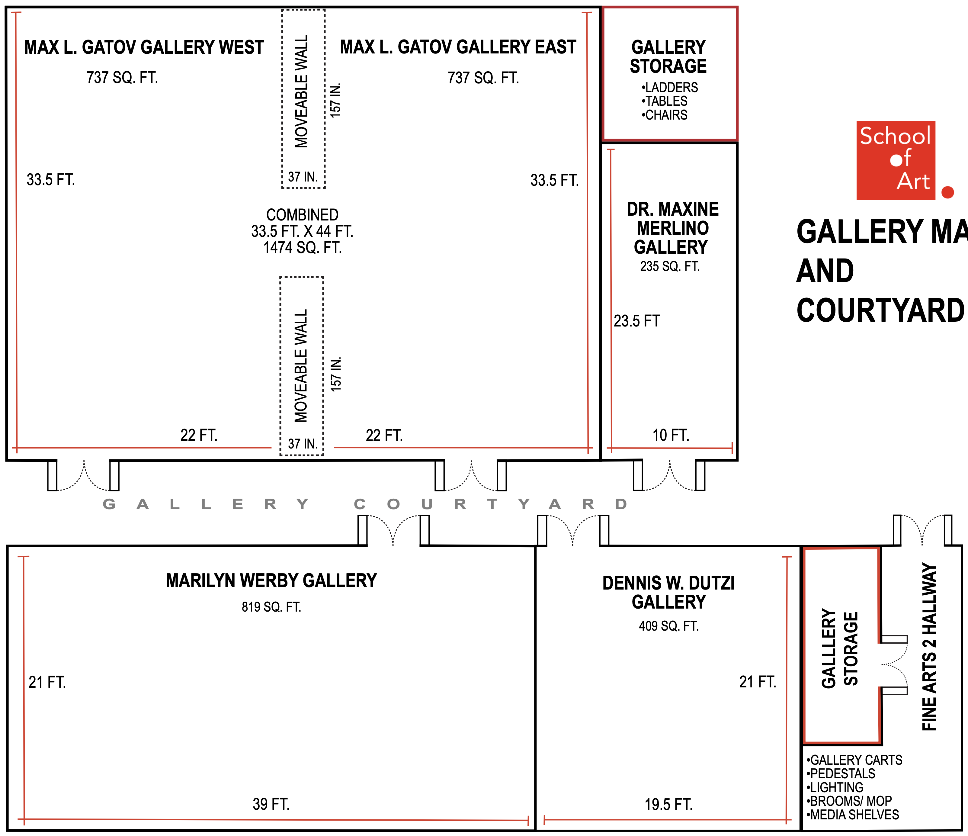 Floor plan showing the Max L. Gatov East and West Galleries, Dr. Maxine Merlino Gallery, Marilyn Werby Gallery, Dennis W. Dutzi Gallery, courtyard, storage areas, entrances, and dimensions.