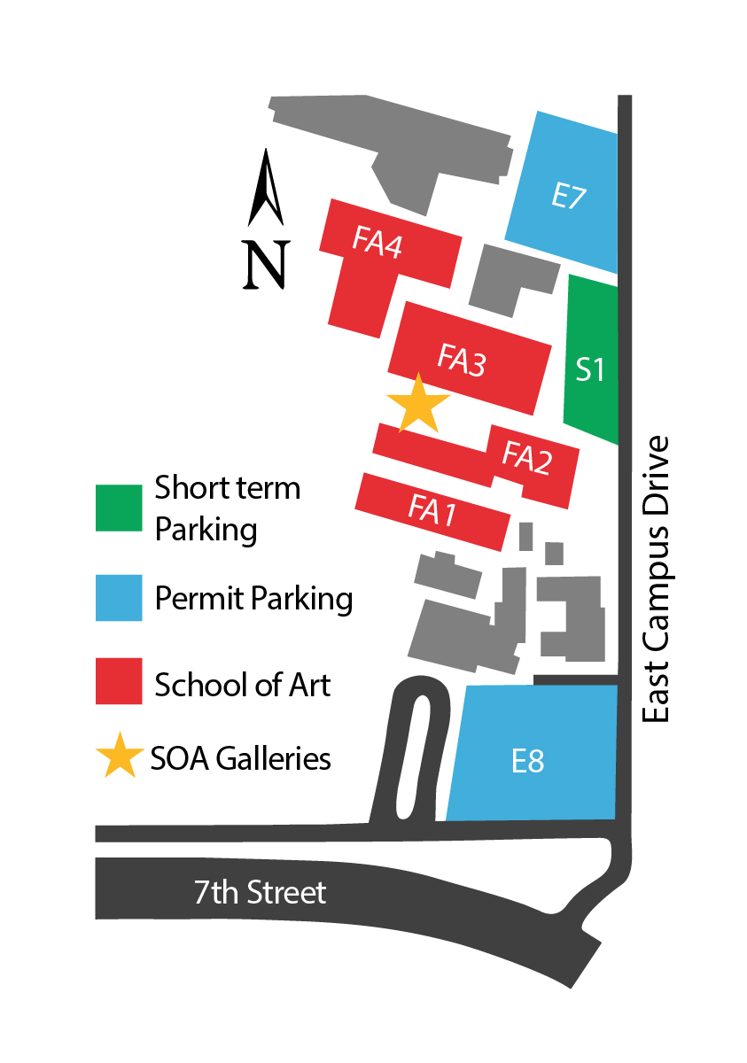 Campus map showing School of Art buildings FA1–FA4, SOA Galleries, nearby parking, East Campus Drive, and 7th Street.