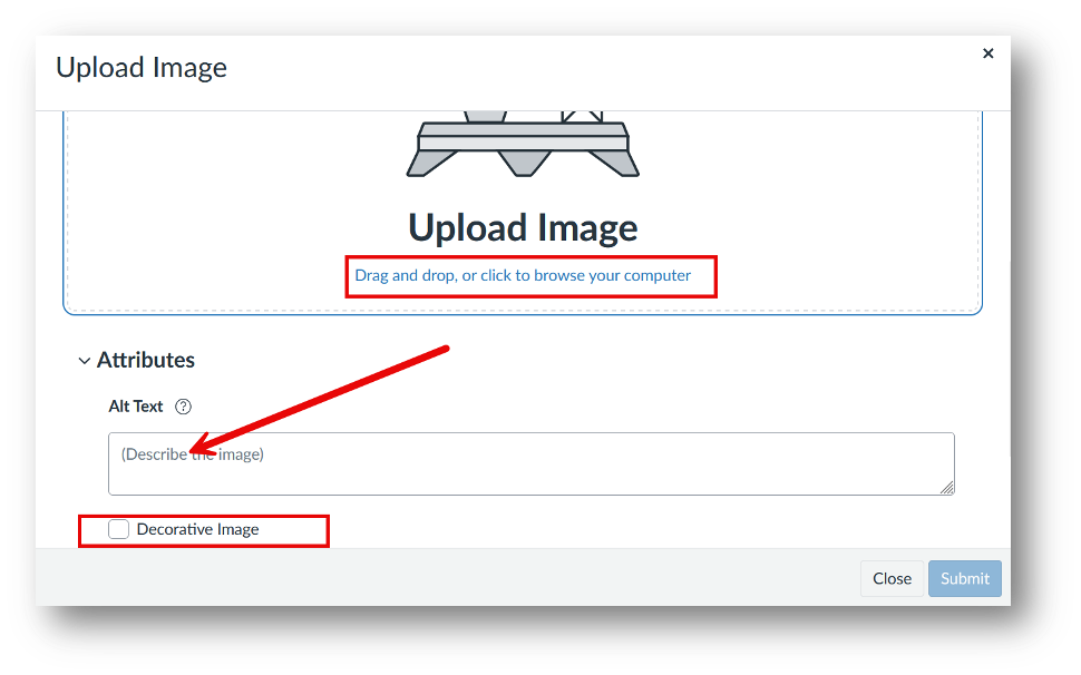 add alt text field in image upload dialog box in Canvas