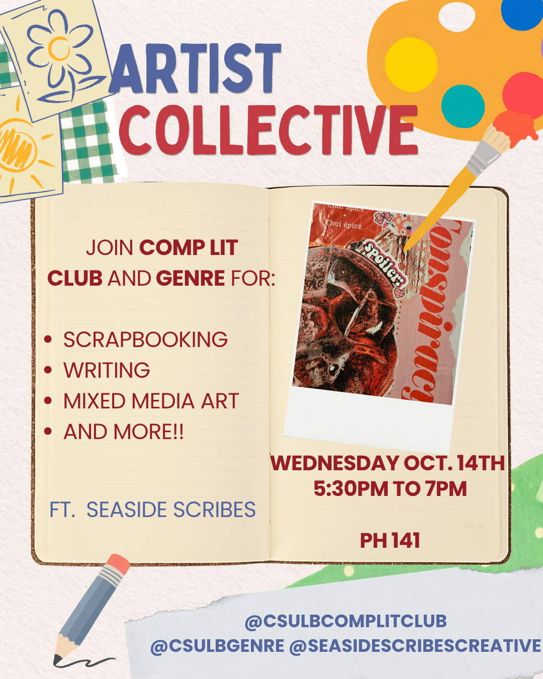 artist's palette and pencil and collage items