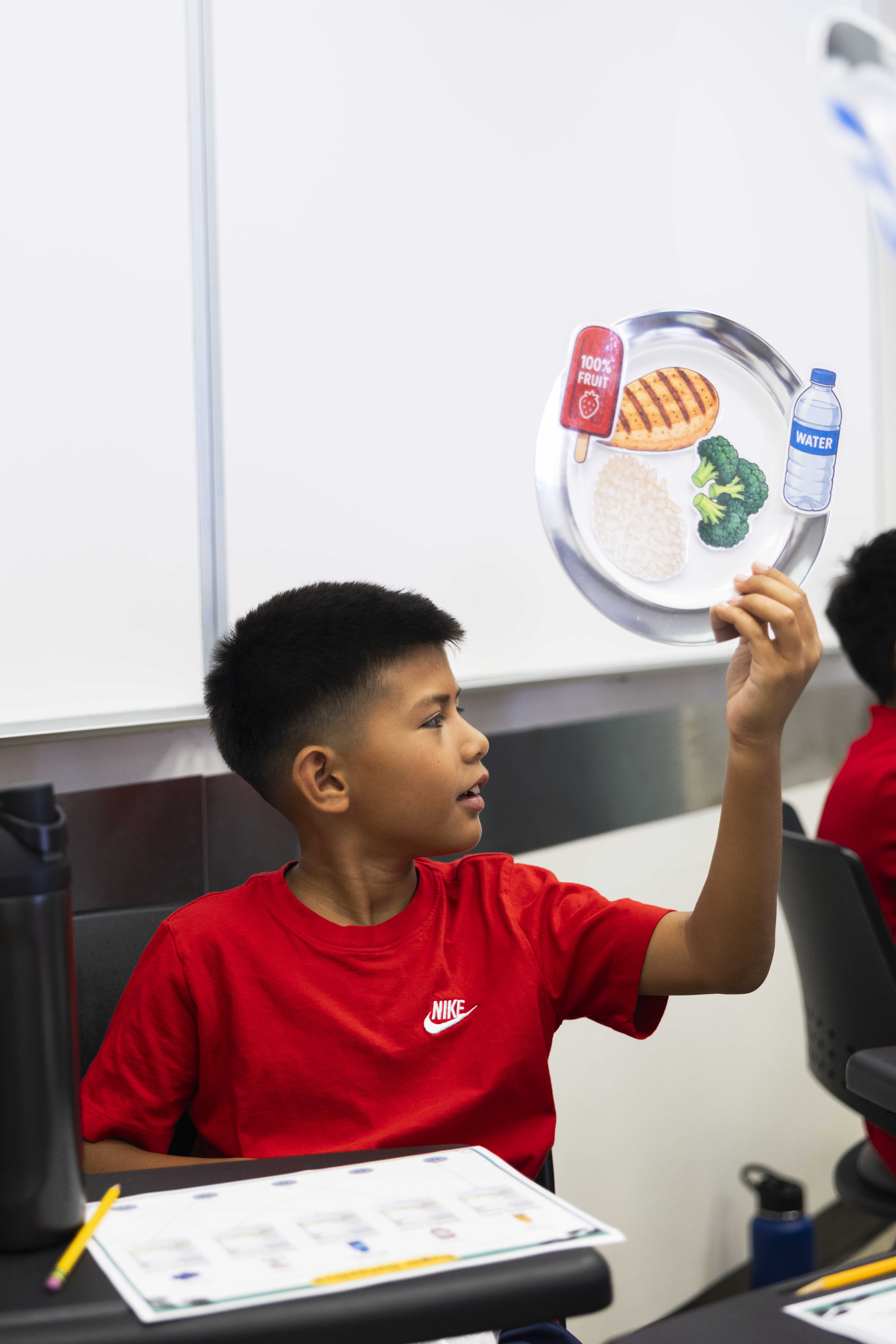 Child holds an illustrated plate of healthy foods