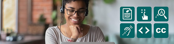 woman looking at computer with accessibility icons 