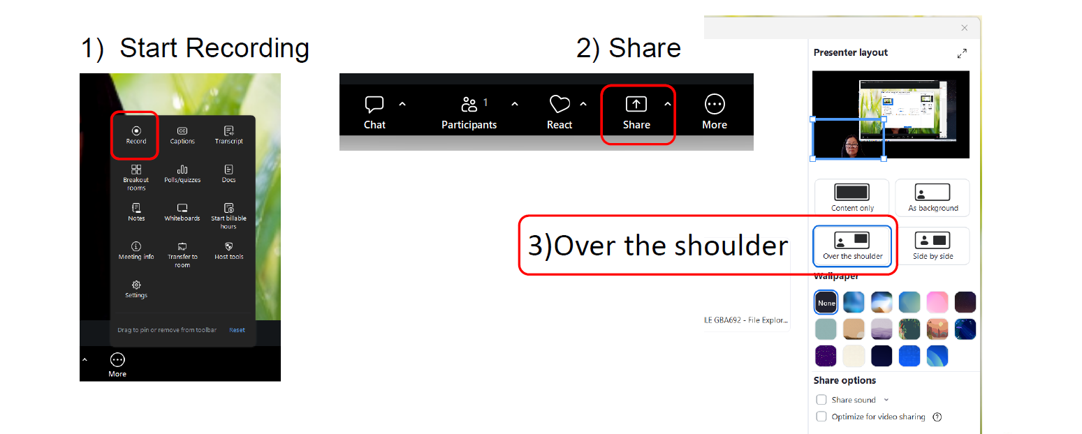 Zoom screenshots of the recording steps; details in the steps above