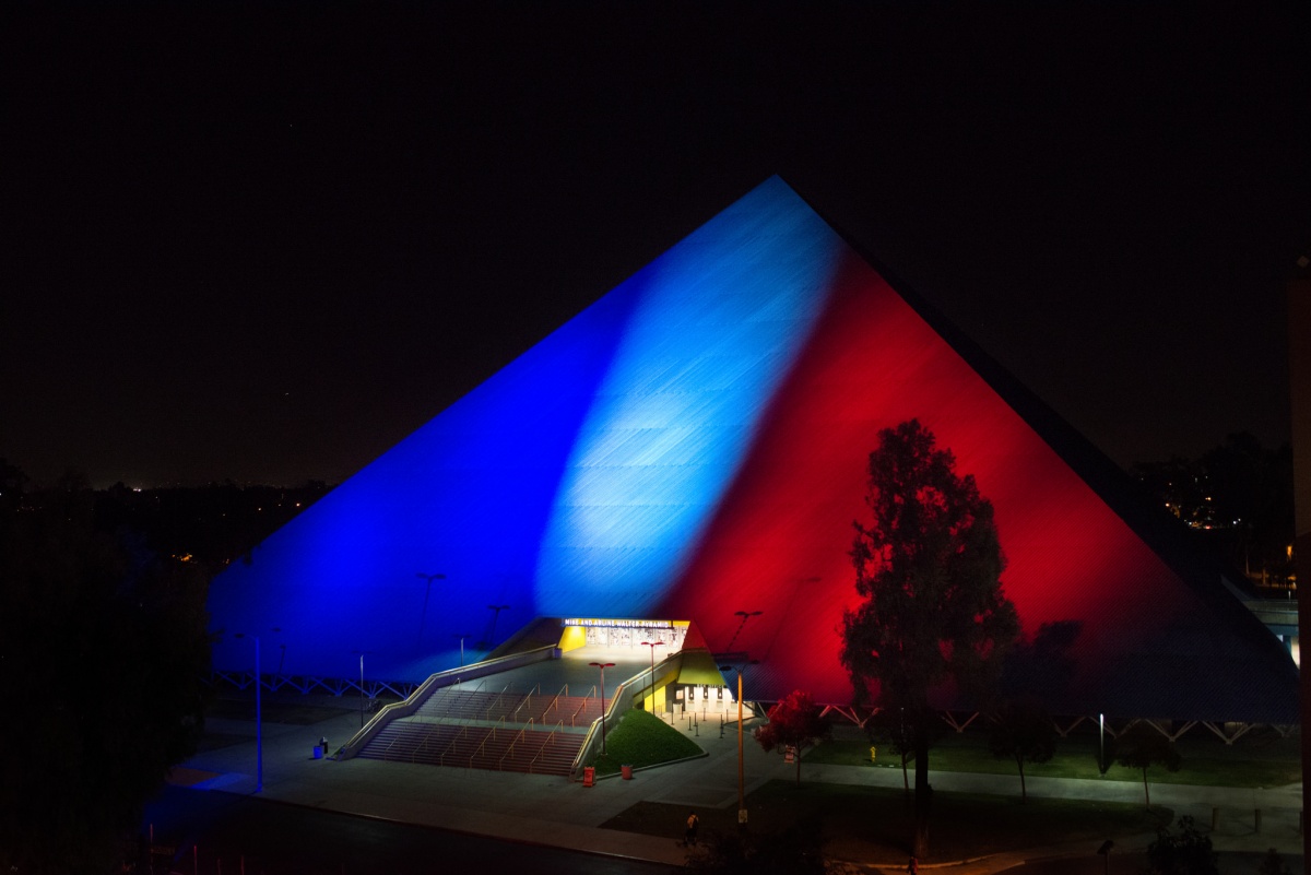 The colors of the French flag were projected onto the side o