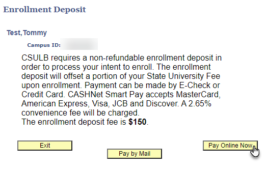 Screenshot of Enrollment Deposit page with Pay Online Now bu
