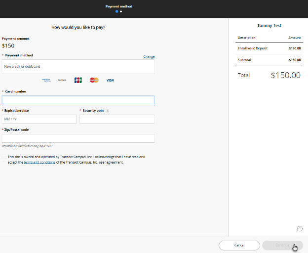 Screenshot of credit card payment page