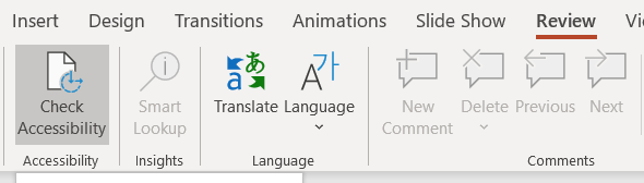 Check Accessibility button on Review Ribbon