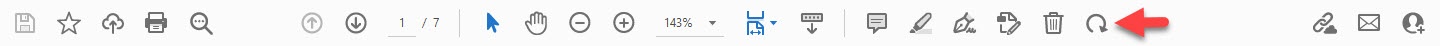 Acrobat toolbar with red arrow pointing to rotate tool