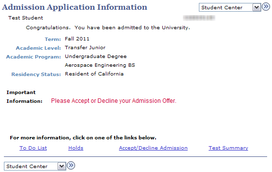 Screen shot of Admissions Application Information