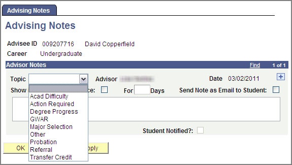 advising notes drop down 