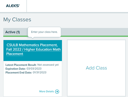 ALEKS screenshot showing Current Class as CSULB Math Placeme