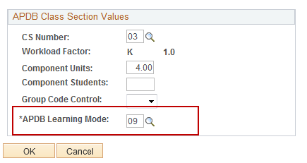 APDB Class Section Values Page with APDB Learning Mode highl