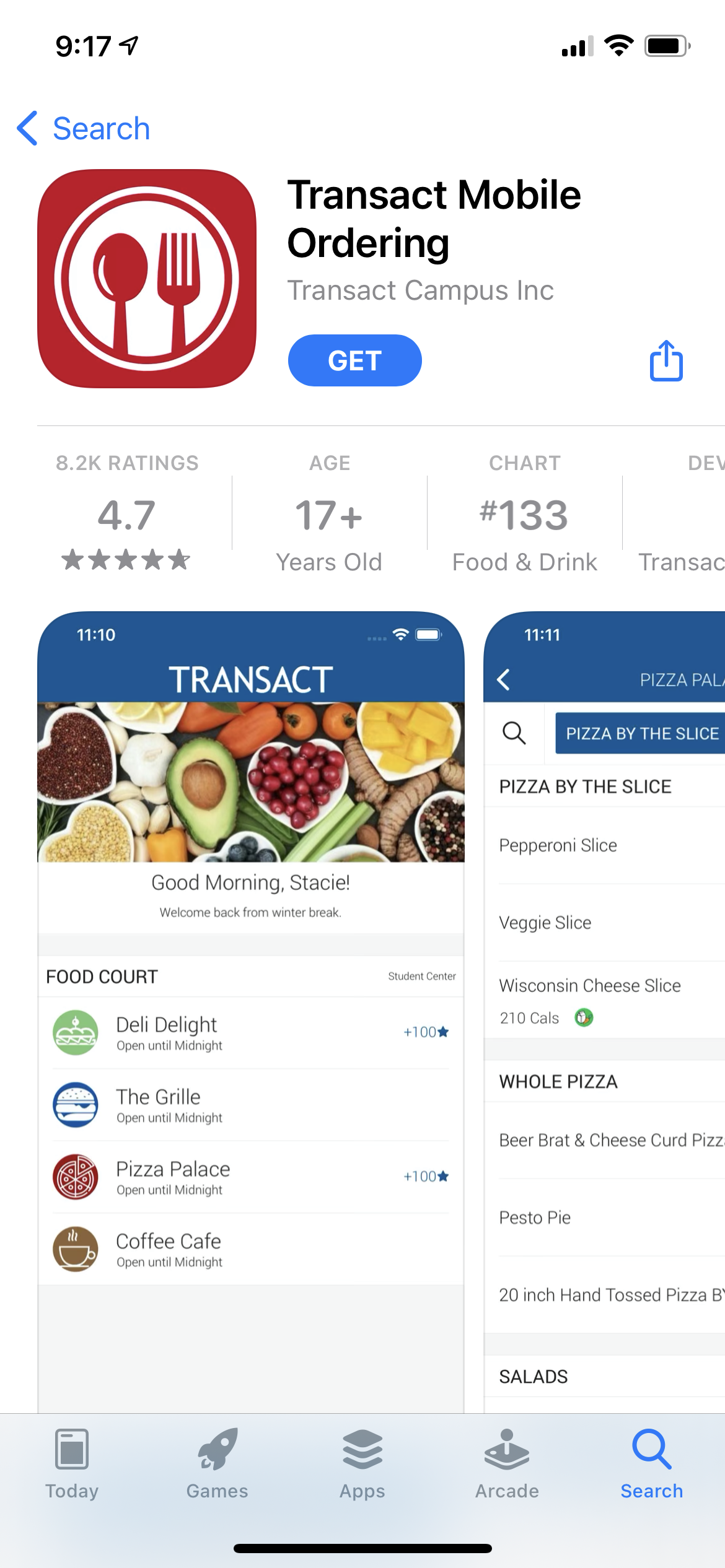 Screenshot of Transact mobile ordering