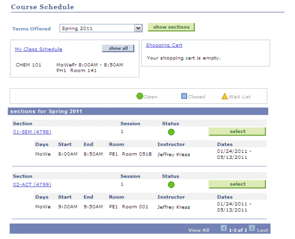 Course schedule page