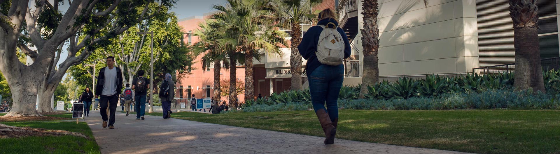 Students walking across an open space.