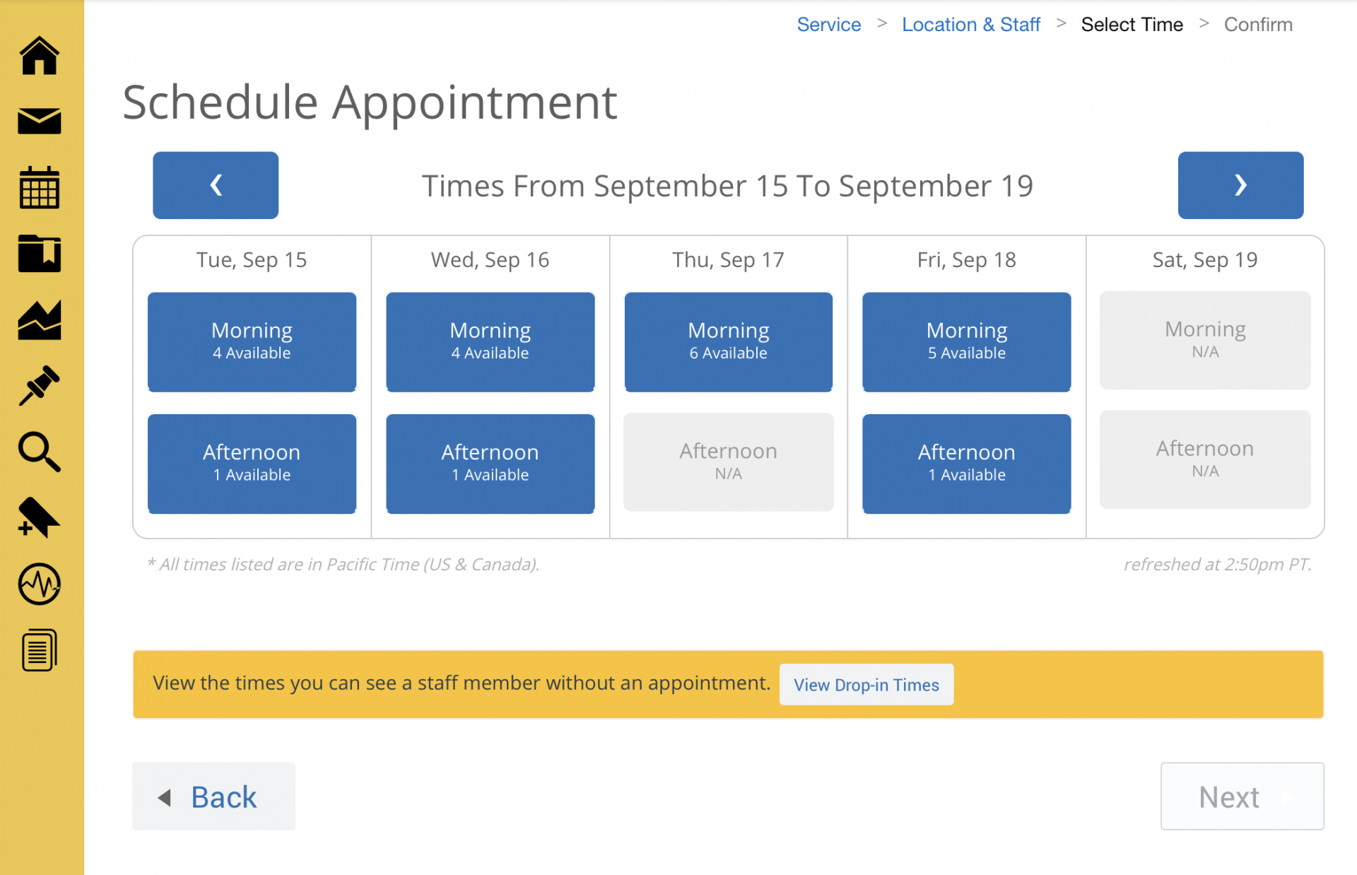 Screenshot of appointment calendar