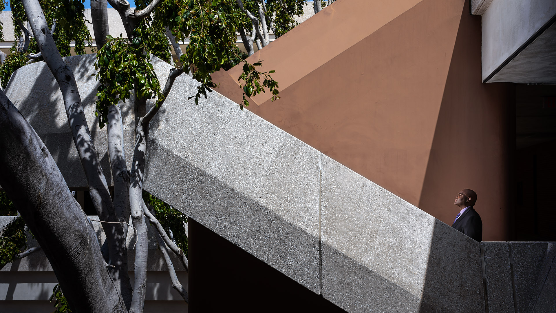 Dr. John Hamilton walking up stairs