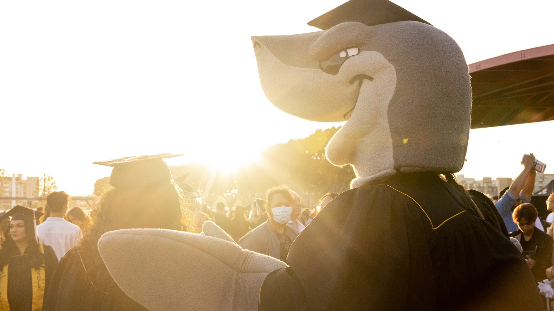 Elbee the Shark makes an appearance at Commencement