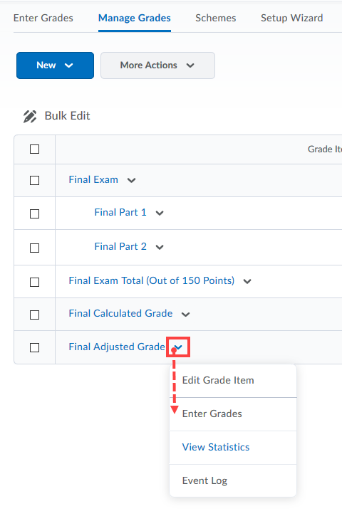 Choose Final adjusted grade item