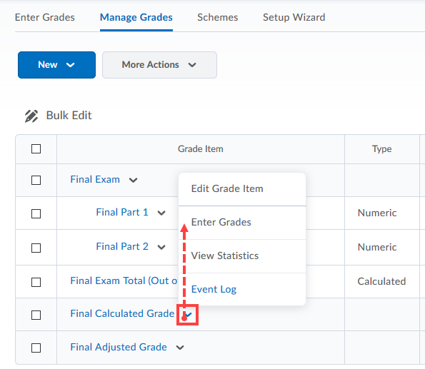 Choosing calculated grade item to release