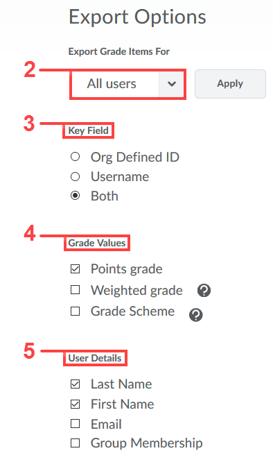 Export Grades options