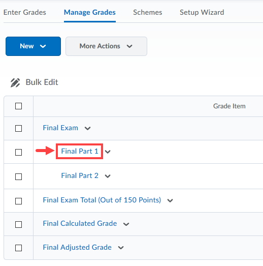 Manage grade choose item list