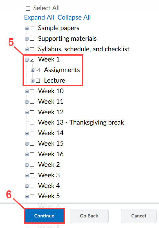 Select individual items to copy