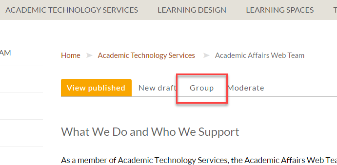 Screenshot depicting the group tab found in the CMS.