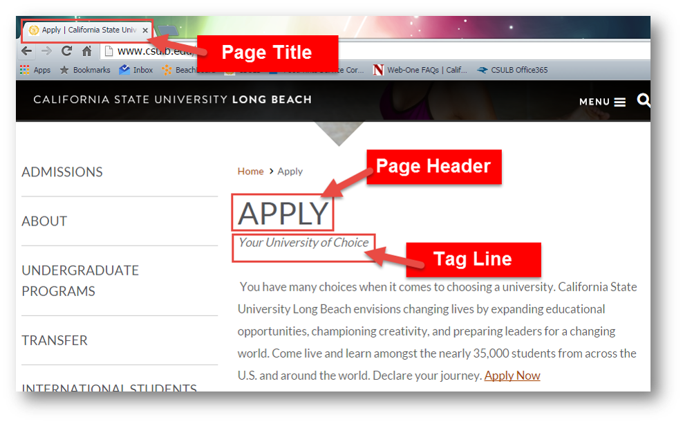 Screenshot highlighting where the page title, page header an