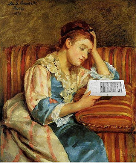 An oil painting of a woman on a personal device.