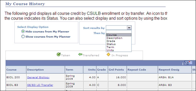 picture of my course history page