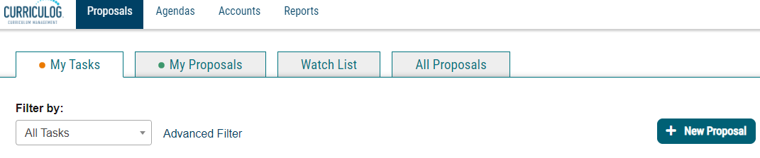 Curriculog Proposals Tab and New Proposals Button