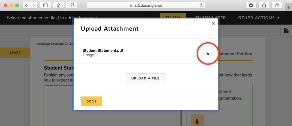 Screenshot showing button to delete attachment