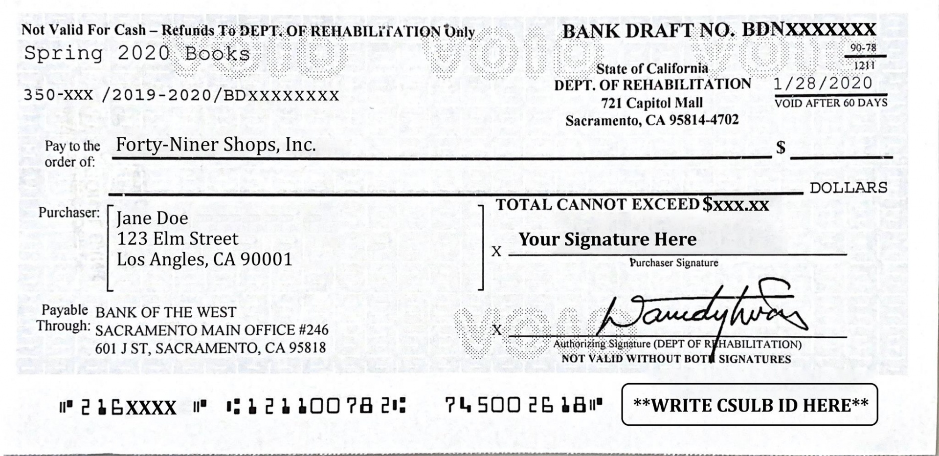 Example of a check