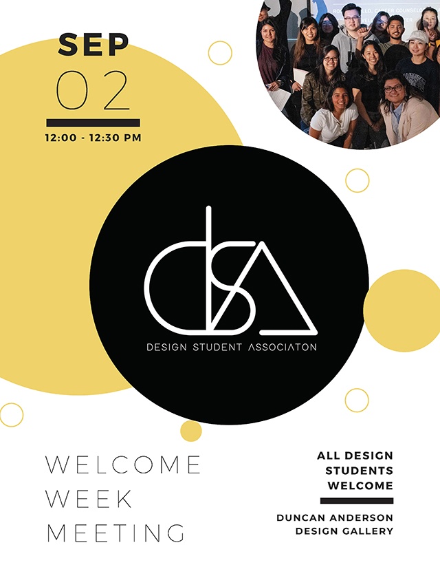 DSA Welcome Week Meeting, Noon, Sept 02 in the Design Galler