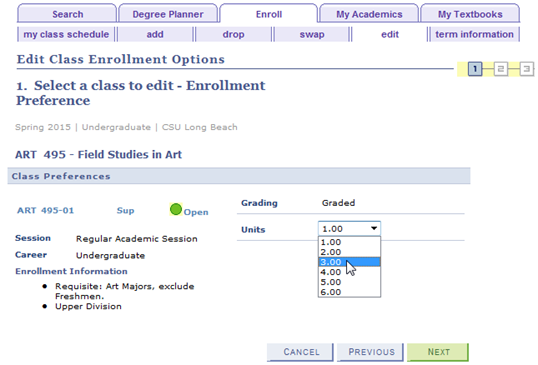 Screen shot of the Enrollment Preferences page, displaying U